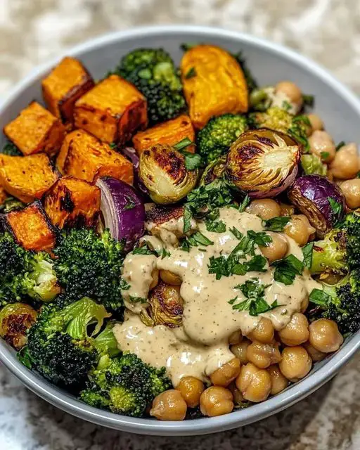 Roasted Vegetable and Chickpea Bowl with Maple Dijon Tahini