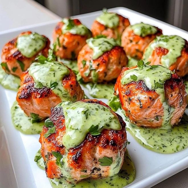 Baked Salmon Meatballs with Avocado Sauce