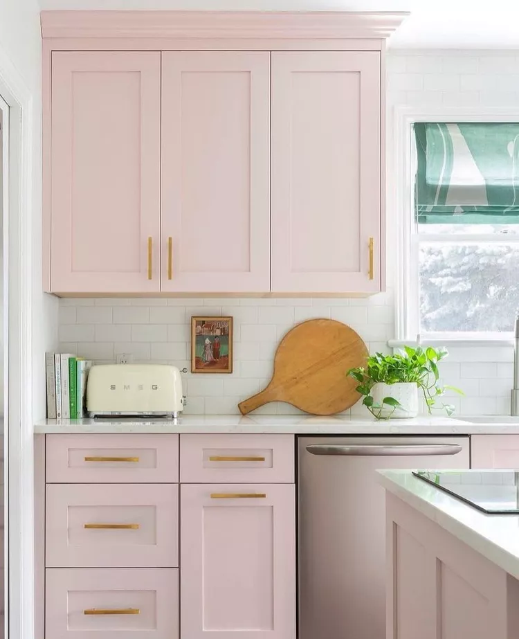 Pink Cabinets with Gold Accents